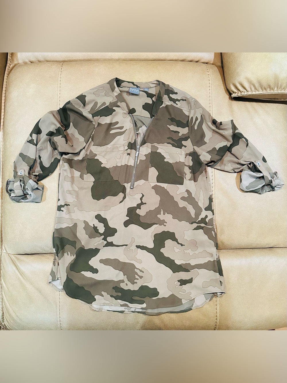 New York & Company Olive and Tan Camo Zip Front Blouse